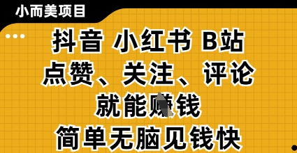 小而美的项目，抖音小红书B站视频点赞、关注、评论就能挣钱，简单无脑立见收益，妥妥的零撸项目【揭秘】！——山林科技社-山林科技社