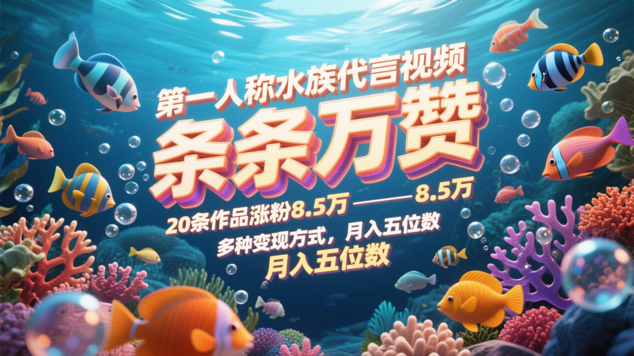 第一人称水族代言视频，条条万赞，20条作品涨粉8.5万，多种变现方式月，入五位数！_山林科技社-山林科技社