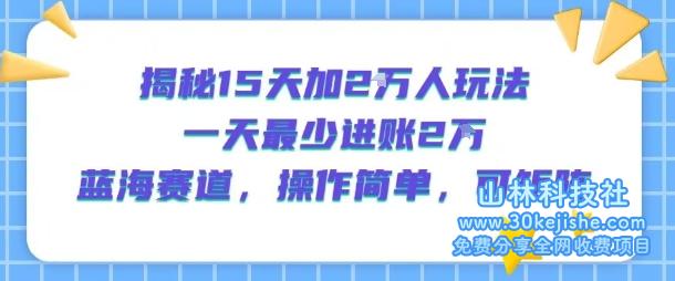 揭秘15天加2W人玩法，一天最少2万进账，蓝海赛道，操作简单，可矩阵——山林科技社-山林科技社