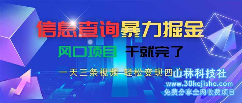 （15516期）信息查询暴力掘金，一天三条视频 轻松变现四位数，风口项目干就完了_山林科技社-山林科技社