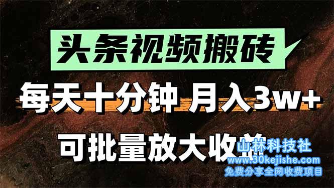 （15400期）头条视频搬砖，每天10分钟，小白轻松月入3万+，可批量放大收益_山林科技社-山林科技社
