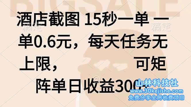 （第20期）酒店截图15秒一单，每单0.6元，每天任务无上限，可矩阵单日收益300+！-山林科技社