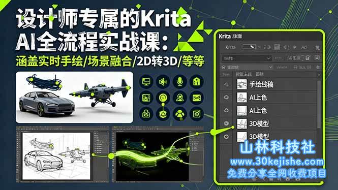 （第53期）设计师专属的Krita AI全流程实战课：涵盖实时手绘/场景融合/2D转3D/等！-山林科技社