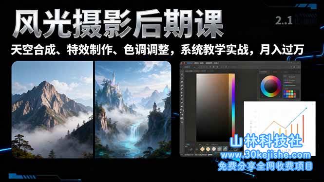 （第186期）风光摄影后期课，一键换天空合成、特效制作、色调调整，月入过万！-山林科技社