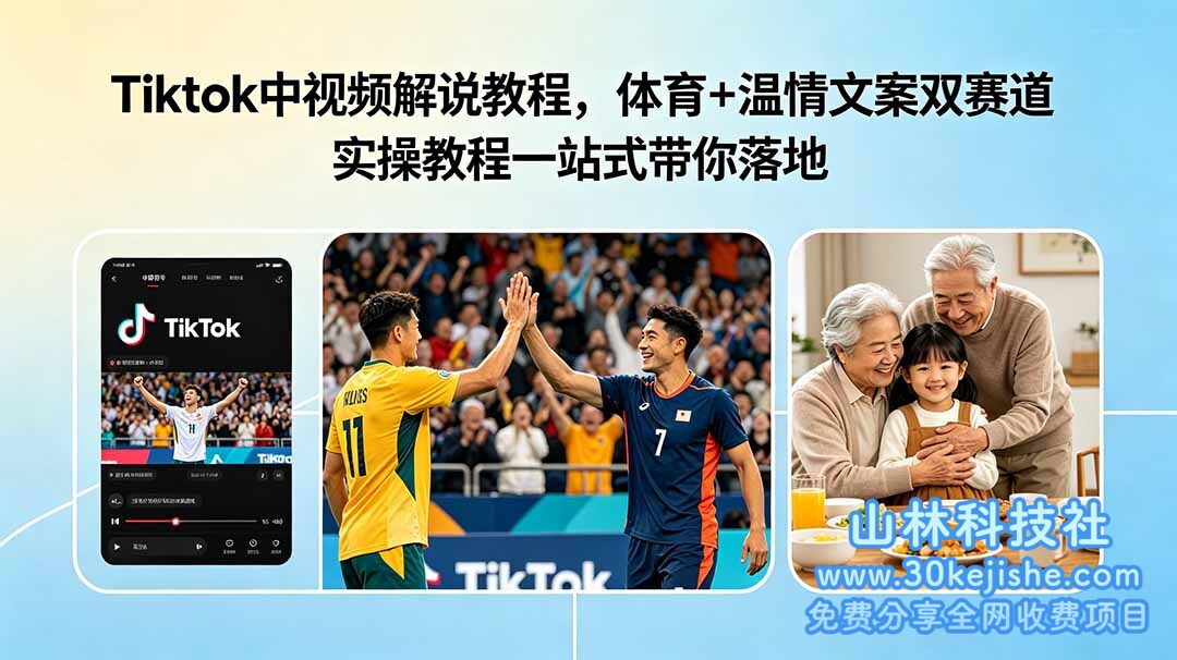 （第34期）Tiktok中视频解说教程，体育+温情文案双赛道实操教程一站式带你落地！-山林科技社