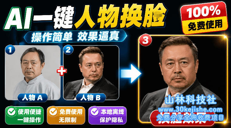 （第108期）纯离线本地运行！AI一键人物lian部替换软件，支持图片换lian，效果逼真，最便捷换lian工具FaceSwap！-山林科技社