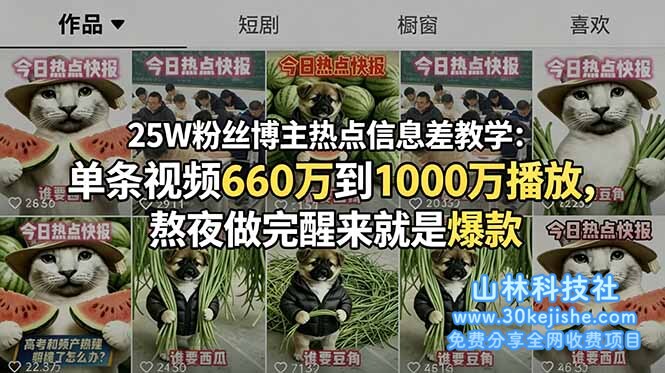 （第68期）25W粉丝博主热点信息差教学-更新：单条视频660万到1000万播放，熬夜做完醒来就是爆款！-山林科技社